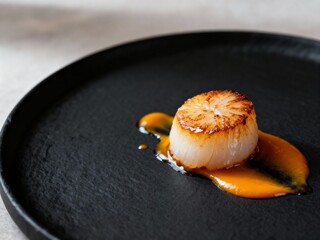 Single Gourmet Seared Scallop with Butternut Squash Purée on a Black Plate
