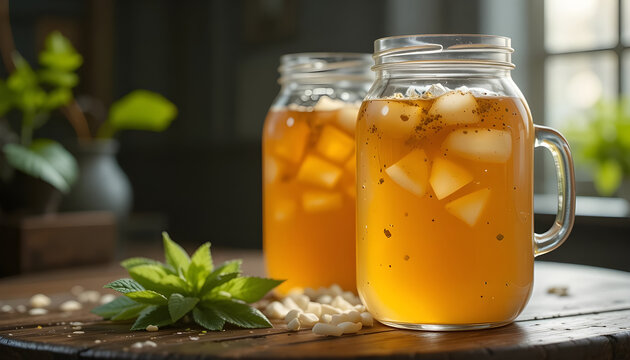 Refreshing iced tea in mason jars on rustic wood table, a delicious and healthy beverage perfect for a summer picnic or relaxing at home kumbucha workshop