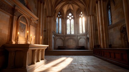 Sunlit interior of a majestic gothic church with an altar and flickering candles