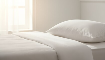 Soft white pillow on clean bed with bright morning light