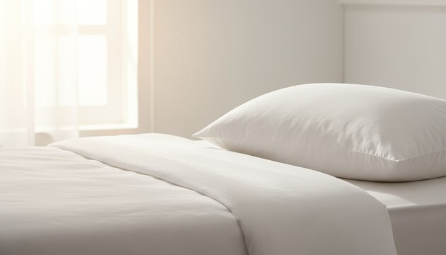 Soft white pillow on clean bed with bright morning light
