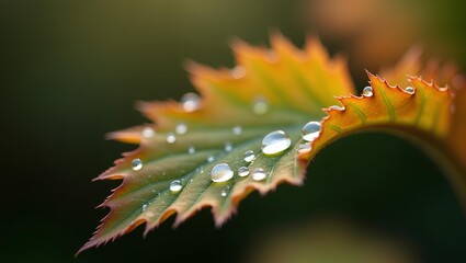 a close-up of intricate leaf texture with delicate morning dew droplets glistening on the surface