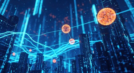 Futuristic digital city network with glowing blue data lines connecting abstract orange spheres. Global communication and technology concept.