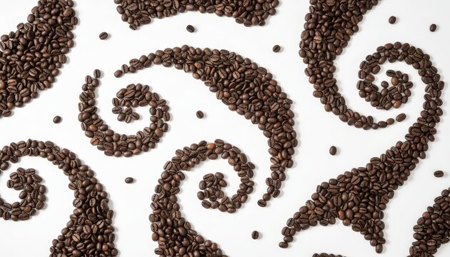 Coffee beans arranged in artistic swirl pattern on bright white background