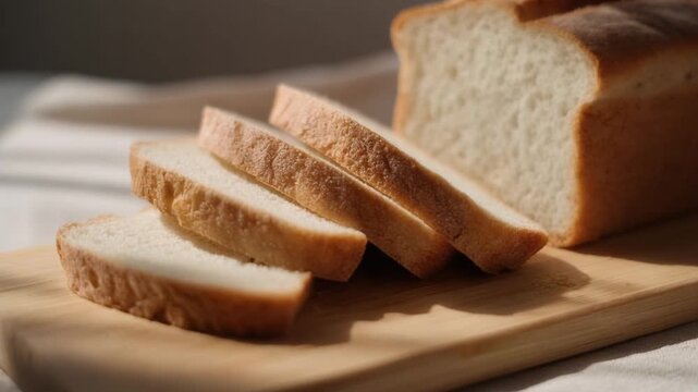 Slices of white bread on wooden board with sunlight