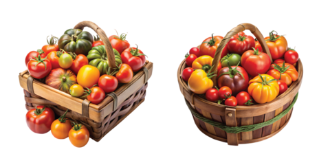 Rustic Tomato Basket: Wooden basket filled with mixed heirloom tomatoes in various colors and shapes, rustic style PNG.