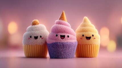Three cute cupcakes wearing party hats with smiling faces on pastel pink background, flat vector style for birthday card, kids party poster, e-commerce banner