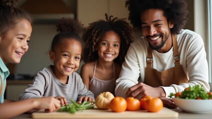 Happy family cooking together in a cozy kitchen, representing warmth, love, and generational connection.