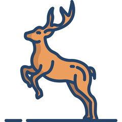 Illustration of a leaping deer with orange body and dark blue outline against a transparent background in a stylized art form
