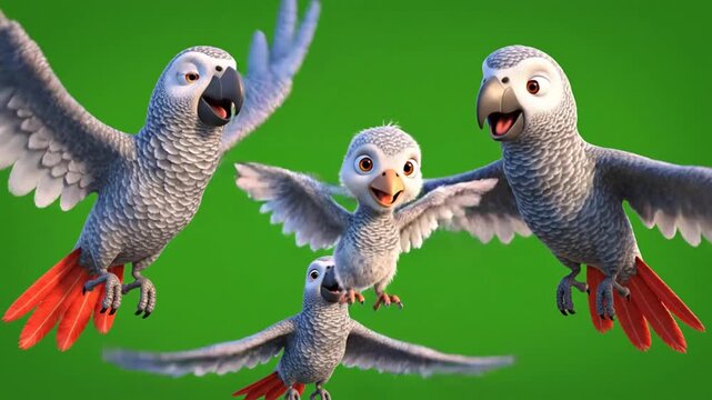 Joyful Animated African Grey Parrot Family Flying on Green Screen