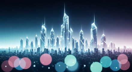 Fototapeta premium Artistic stylized image of a dreamy city skyline shaped like crystal towers, gleam in light cyan and silver. Urban and Abstract concept