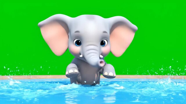 A cute cartoon elephant happily splashing and playing in a pool of blue water, enjoying the refreshing swim.