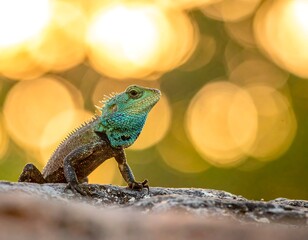 Close-up of a lizard perched with an illuminated sunset backdrop