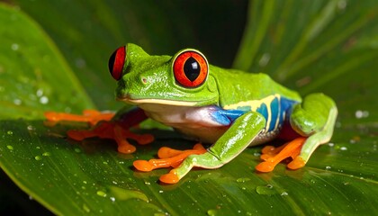 Fototapeta premium Eye-Catching Red-Eyed Tree Frog on Vibrant Green Leaf in the Rainforest