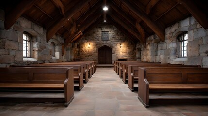 A rustic stone church interior with wooden pews and a vaulted timber ceiling illuminated by ambient light