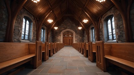 Interior of a stone chapel with wooden pews and vaulted timber ceiling