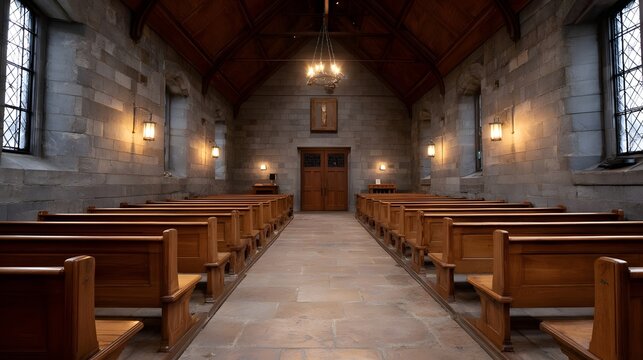 Interior of a solemn stone chapel featuring rows of wooden pews a central aisle and vaulted ceilings illuminated by ambient light