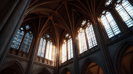 Sunlight streams through tall gothic illuminating the grand vaulted interior of an ancient cathedral