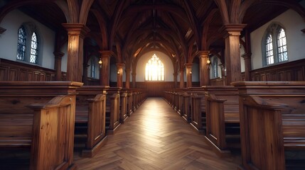 Fototapeta premium Interior view of a grand wooden church with pews vaulted ceilings and light streaming through stained glass