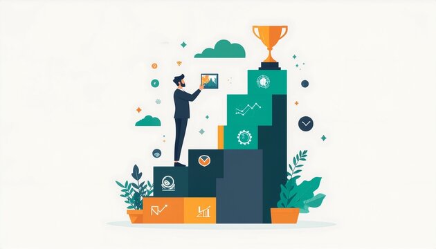 Ambitious businessman climbs stairs towards golden trophy, visualizing success with modern charts and data on tablet