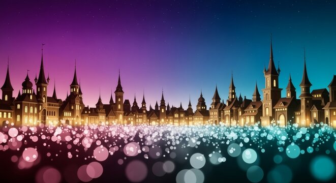 Artistic stylized image of a fairytale skyline at night, with buildings glowing in warm golden tones with whimsical spires and turrets. Urban and Abstract concept