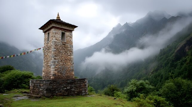A sacred stone tower adorned with colorful prayer flags stands on a dramatic misty mountain ridge evoking a sense of peace and spirituality