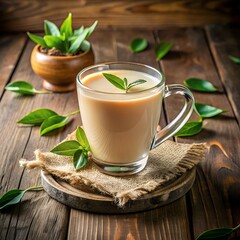 Warm Milk Tea with Fresh Leaves on Rustic Wooden Table