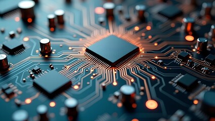 Close-up motion of complex circuit surface with glowing futuristic micro technology details.