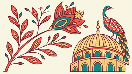 Ornate floral design with a peacock perched atop a domed structure