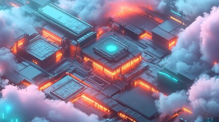 Cloud computing infrastructure with glowing circuit board elements