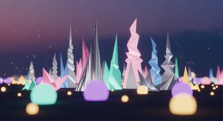 Artistic stylized image of a dreamlike skyline shaped like glowing origami forms, with towers shining in pastel pink, cyan, and silver. Urban and Abstract concept