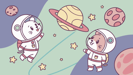 Cute cartoon hamster astronauts exploring space with planets and stars around them