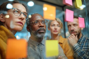 Diverse business team engaged in brainstorming session with colorful sticky notes in an office setting