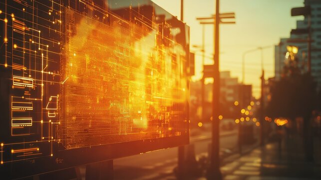Futuristic city street displaying digital information at sunset