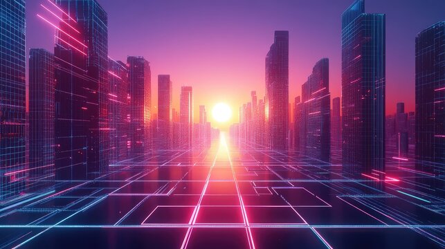 Futuristic metropolis sunset creating a vibrant digital landscape