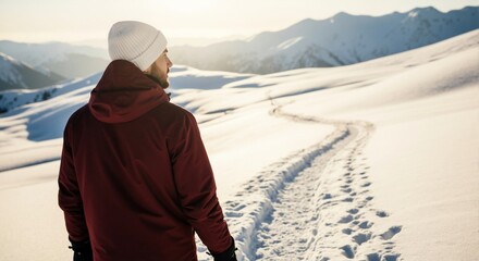 Hiker at sunrise — man in jacket overlooking snowy mountains, trail setting, winter travel imagery