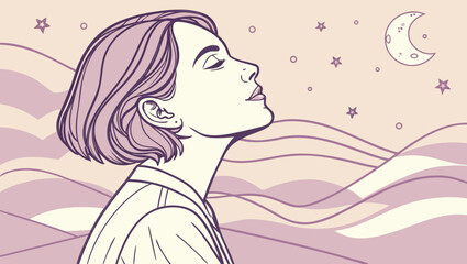 Woman looking at the moon and stars with a dreamy expression on her face