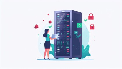 Professional woman secures data center servers against viral threats with advanced cybersecurity protocols and digital protection measures
