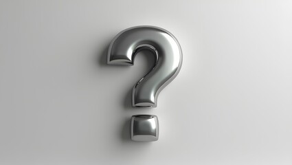 Silver metallic 3D question mark symbolizing inquiry, creativity, and curiosity in minimal style.