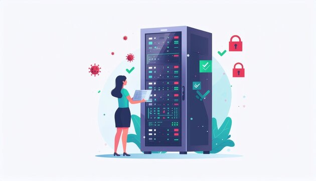 Professional woman secures data center servers against viral threats with advanced cybersecurity protocols and digital protection measures