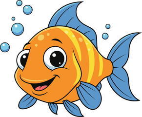 A joyful cartoon illustration of an orange and yellow striped fish with blue fins and air bubbles.