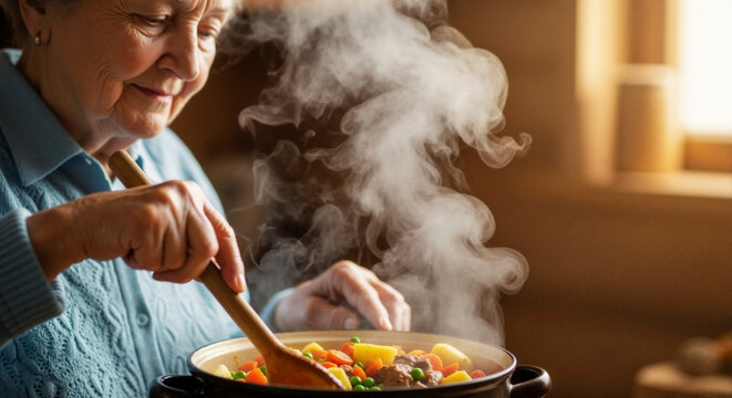 Mature grandmother in the kitchen - cooking homemade stew, stirring stew, traditional images of home cooking