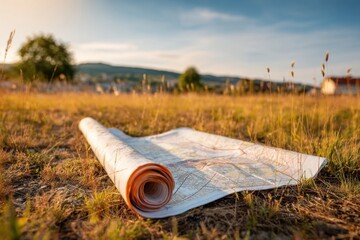 Exploring land plot management strategies with detailed maps in a serene outdoor setting during golden hour