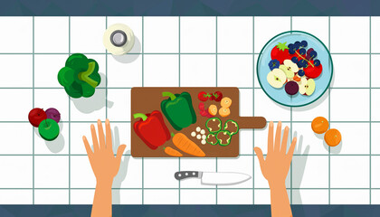 Hands preparing vibrant fresh ingredients for healthy meal prep on a clean kitchen counter, a culinary adventure awaits.