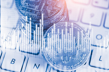 Modern way of exchange. Bitcoin is convenient payment in global economy market. Virtual digital currency and financial investment trade concept. Abstract cryptocurrency with gold bitcoin background.