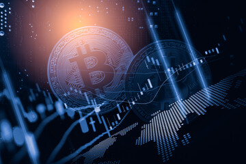 Modern way of exchange. Bitcoin is convenient payment in global economy market. Virtual digital currency and financial investment trade concept. Abstract cryptocurrency with gold bitcoin background.