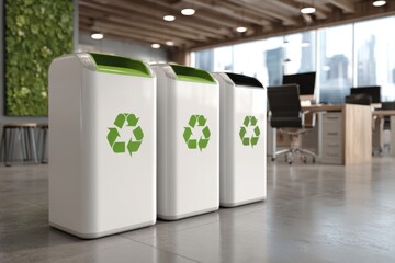 Modern office space featuring recycling bins promoting corporate sustainability in a clean and organized environment