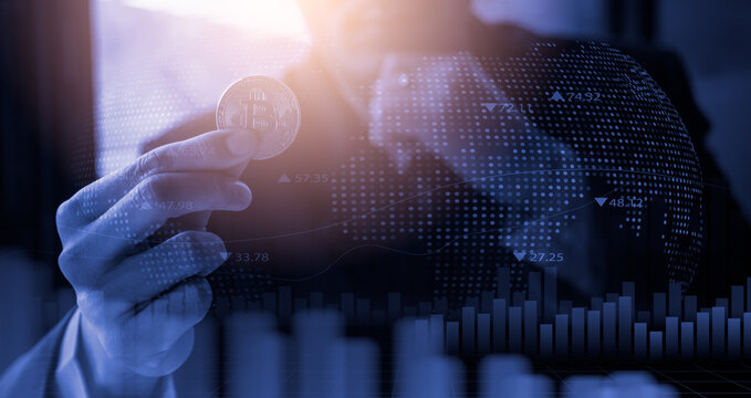 Modern way of exchange. Bitcoin is convenient payment in global economy market. Virtual digital currency and financial investment trade concept. Abstract cryptocurrency with gold bitcoin background. - Powered by Adobe