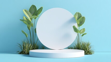 Minimalist white podium with an oval mirror and lush green plants against a soft blue background for product display