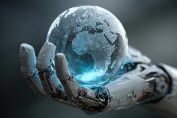 Robotic hand cradles a glowing digital globe with intricate data patterns and map projections during a futuristic moment